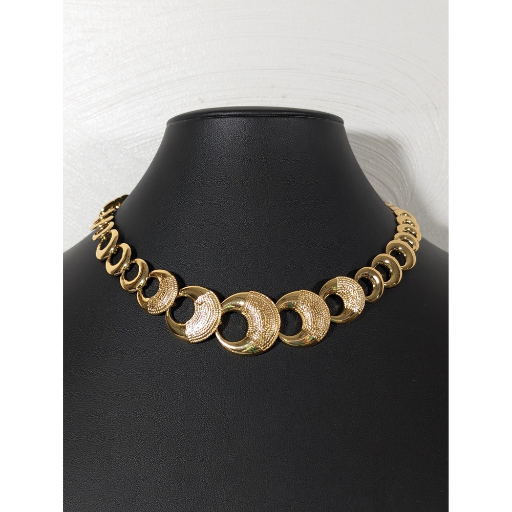 Gold‎ Tone Textured Circle Link Statement Necklace 16" Retro Modern